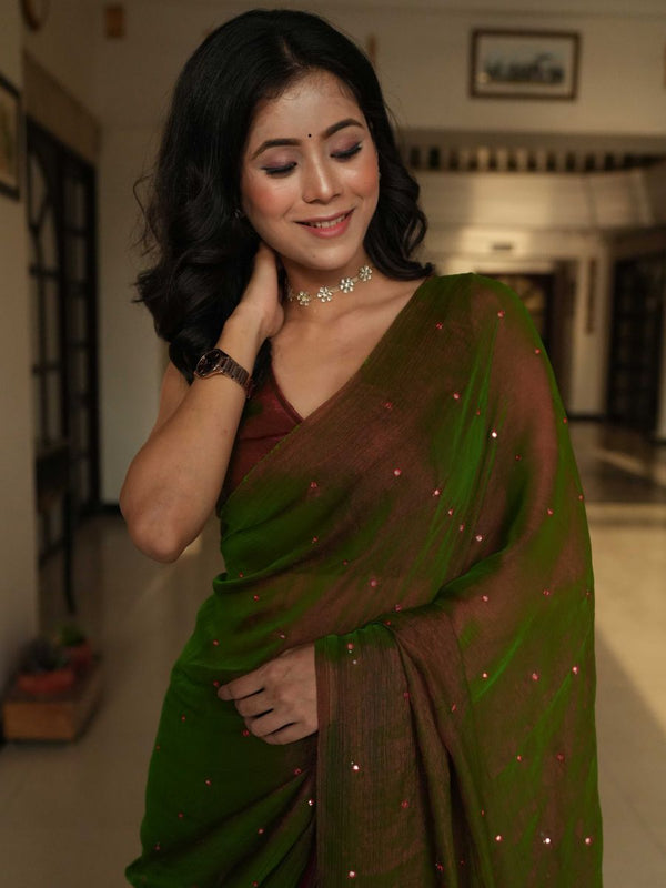 Banarasee Dual Shaded Chiffon Saree With Mirror Work-Green (Buy 1 Get 1 Free)