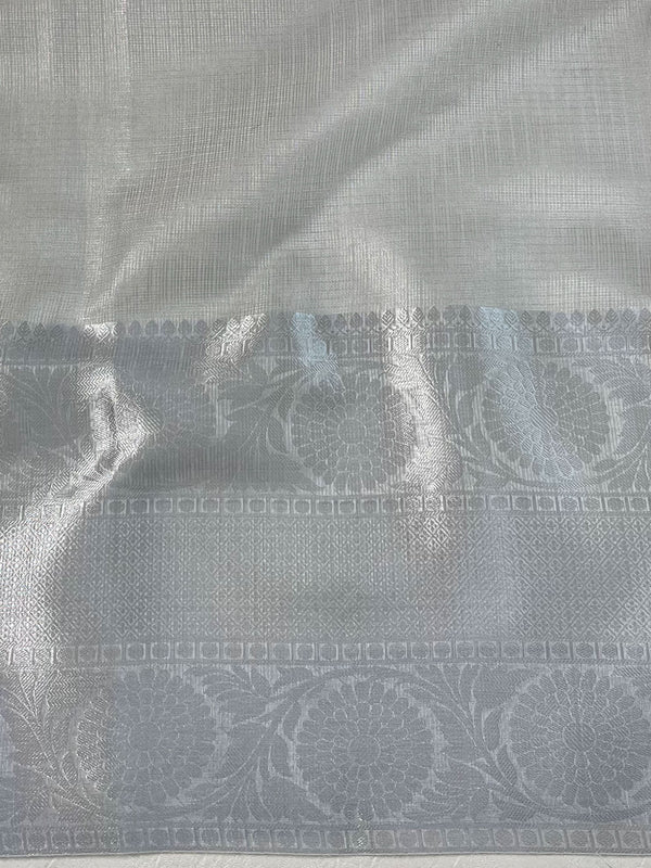 Banarasee Handwoven Broad Border Tissue Saree With Embroidered Floral Design-Silver (Buy 1 Get 1 Free)