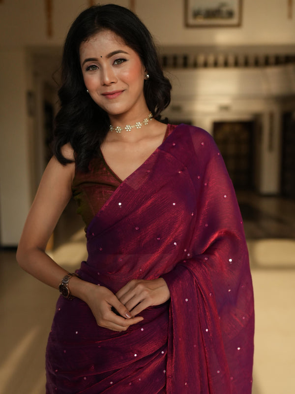 Banarasee Dual Shaded Chiffon Saree With Mirror Work-Maroon (Buy 1 Get 1 Free)