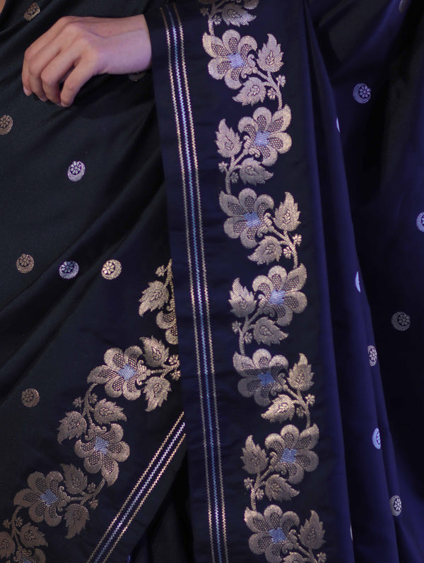Banarasee Handloom Semi Silk Saree With Sona Rupa Zari Buti Design & Floral Border-Black (Buy 1 Get 1 Free)