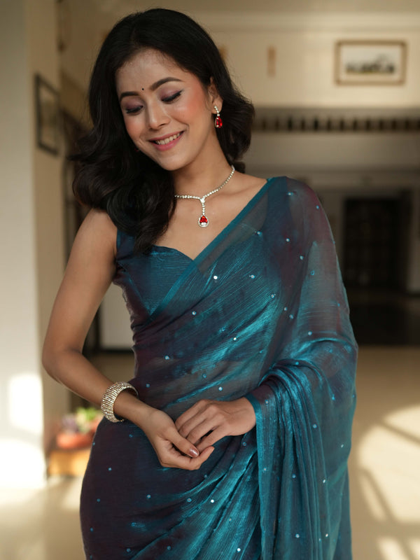 Banarasee Dual Shaded Chiffon Saree With Mirror Work-Blue (Buy 1 Get 1 Free)