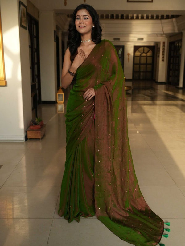 Banarasee Dual Shaded Chiffon Saree With Mirror Work-Green (Buy 1 Get 1 Free)