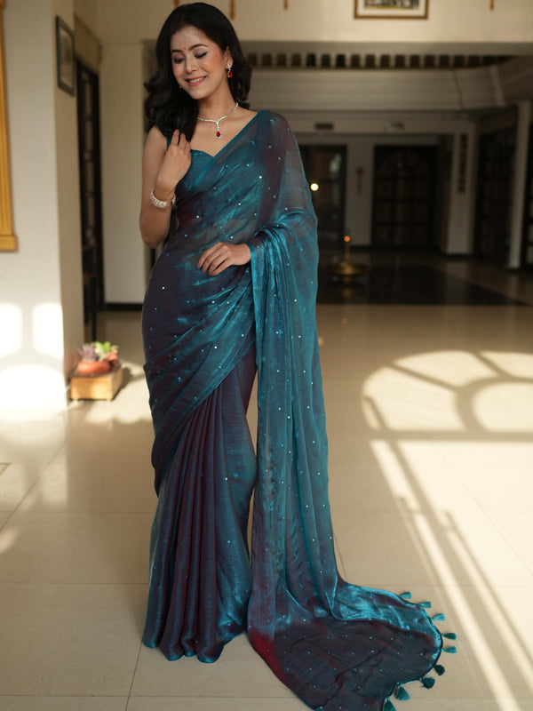 Banarasee Dual Shaded Chiffon Saree With Mirror Work-Blue (Buy 1 Get 1 Free)
