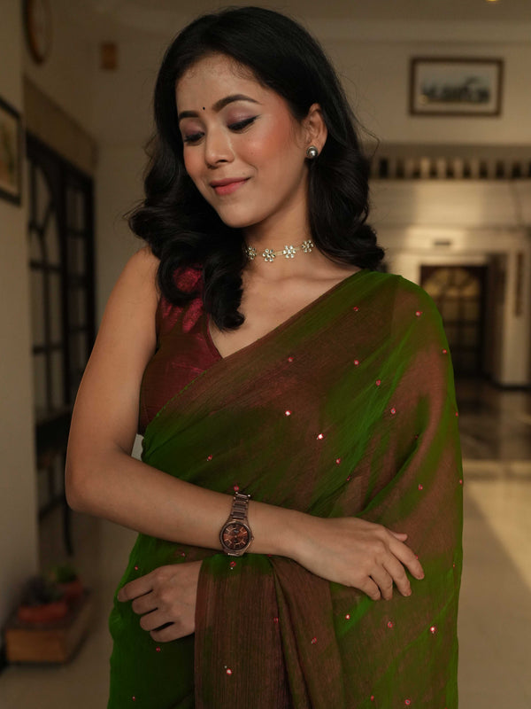 Banarasee Dual Shaded Chiffon Saree With Mirror Work-Green (Buy 1 Get 1 Free)
