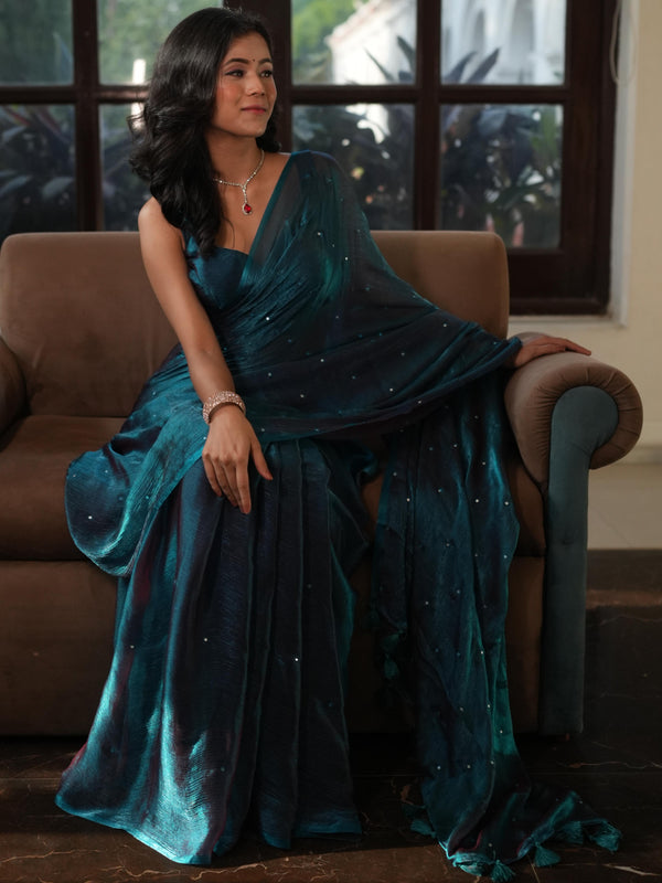 Banarasee Dual Shaded Chiffon Saree With Mirror Work-Blue (Buy 1 Get 1 Free)