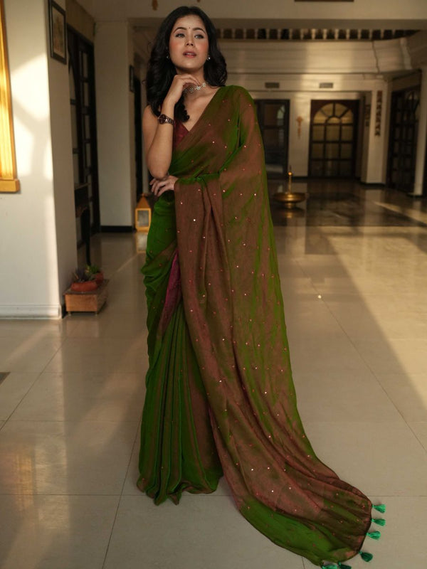 Banarasee Dual Shaded Chiffon Saree With Mirror Work-Green (Buy 1 Get 1 Free)