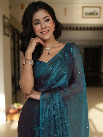 Banarasee Dual Shaded Chiffon Saree With Mirror Work-Blue (Buy 1 Get 1 Free)