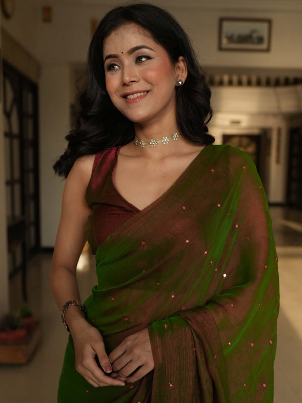 Banarasee Dual Shaded Chiffon Saree With Mirror Work-Green (Buy 1 Get 1 Free)