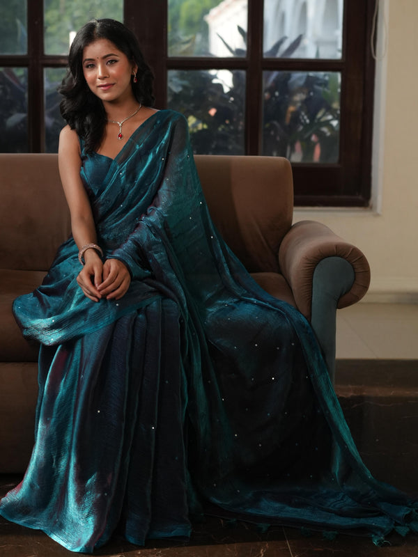 Banarasee Dual Shaded Chiffon Saree With Mirror Work-Blue (Buy 1 Get 1 Free)