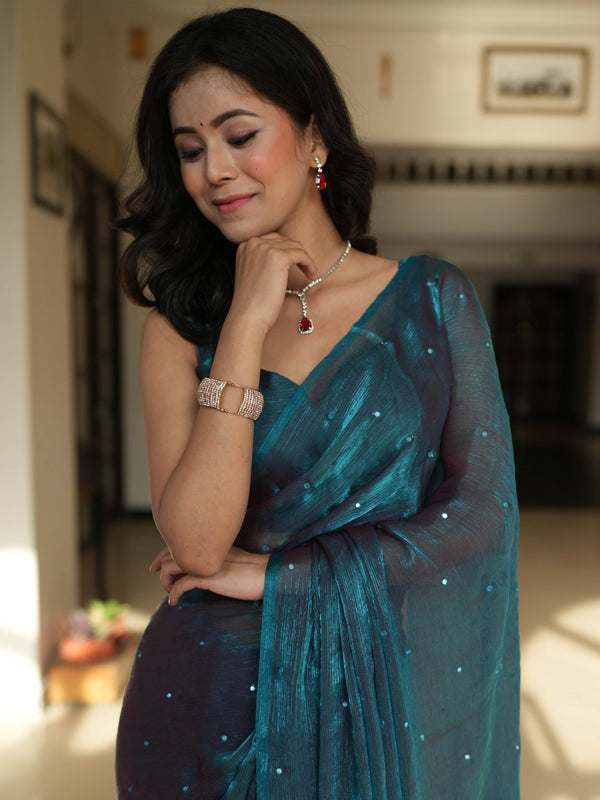 Banarasee Dual Shaded Chiffon Saree With Mirror Work-Blue (Buy 1 Get 1 Free)
