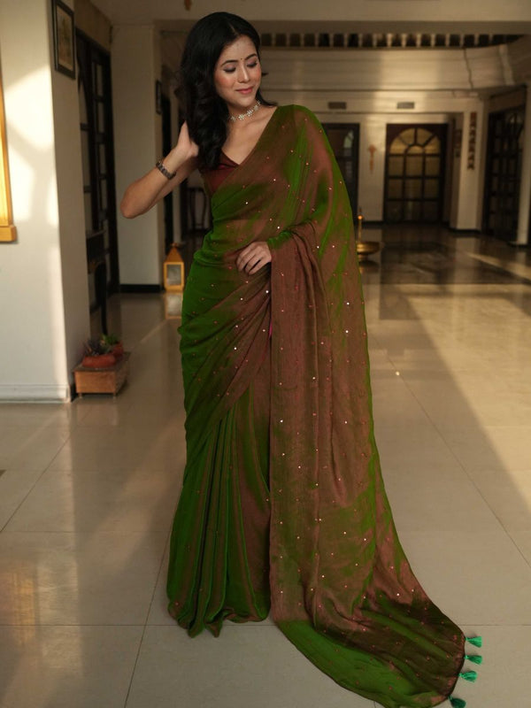Banarasee Dual Shaded Chiffon Saree With Mirror Work-Green (Buy 1 Get 1 Free)