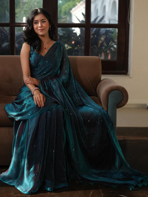 Banarasee Dual Shaded Chiffon Saree With Mirror Work-Blue (Buy 1 Get 1 Free)