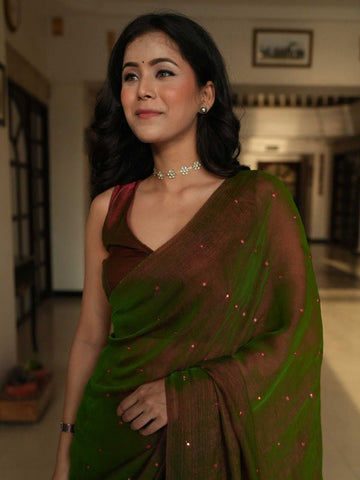 Banarasee Dual Shaded Chiffon Saree With Mirror Work-Green (Buy 1 Get 1 Free)