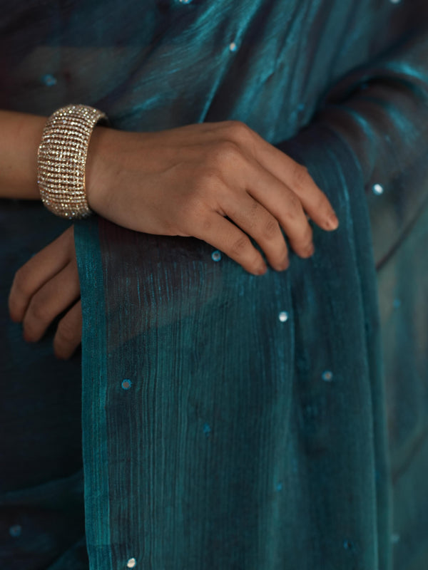 Banarasee Dual Shaded Chiffon Saree With Mirror Work-Blue (Buy 1 Get 1 Free)