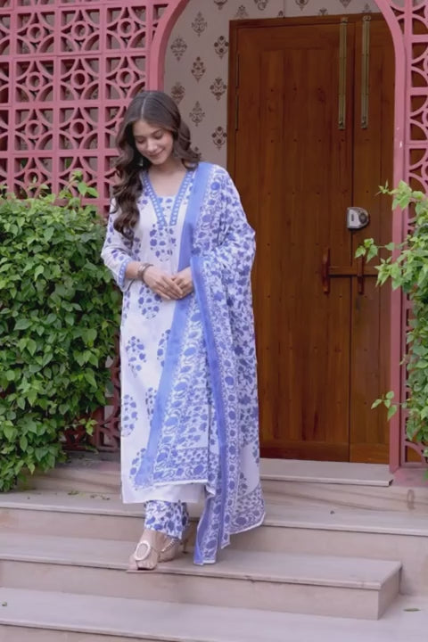 Women's Cotton Printed Straight Kurta Set with Palazzo & Dupatta (Buy 1 Get 1 Free )