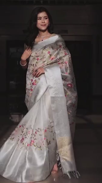 Banarasee Handwoven Broad Border Tissue Saree With Embroidered Floral Design-Silver (Buy 1 Get 1 Free)