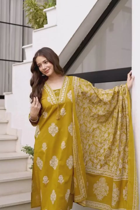 Women's Pure Cotton Printed with Handwork Kurta with Pants and Dupatta Set  (Buy 1 Get 1 Free )