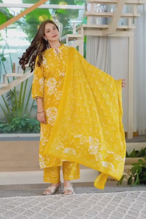 Floral Printed Pure Cotton Mandarin Collar Kurta With Palazzos & Dupatta (Buy 1 Get 1 Free )