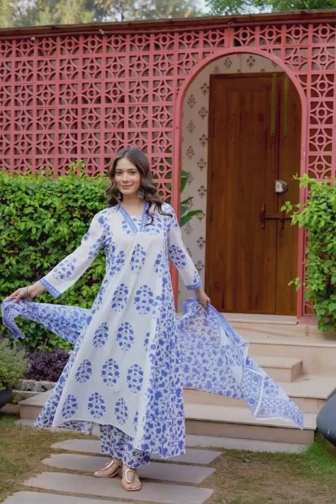 Women's Cotton Block Print Anarkali Kurta Set with Palazzo & Dupatta (Buy 1 Get 1 Free )
