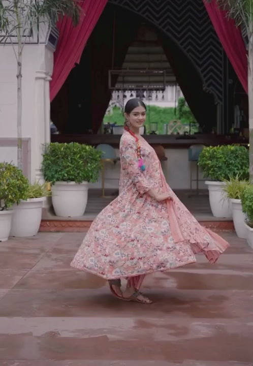 Floral Printed Square Neck Thread Work Anarkali Kurta with Trousers & Dupatta (Buy 1 Get 1 Free )