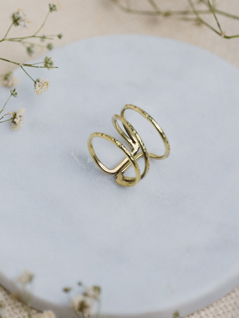 Hammered Trio Brass Adjustable Ring