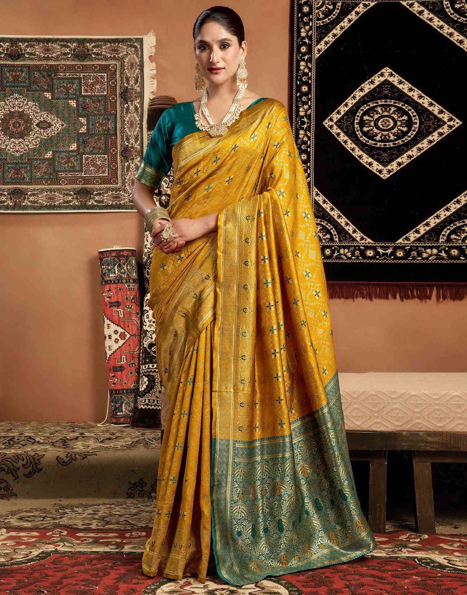 Shweta Tiwari Amber Yellow Banarasi Silk Saree (Buy 1 Get 1 Free)