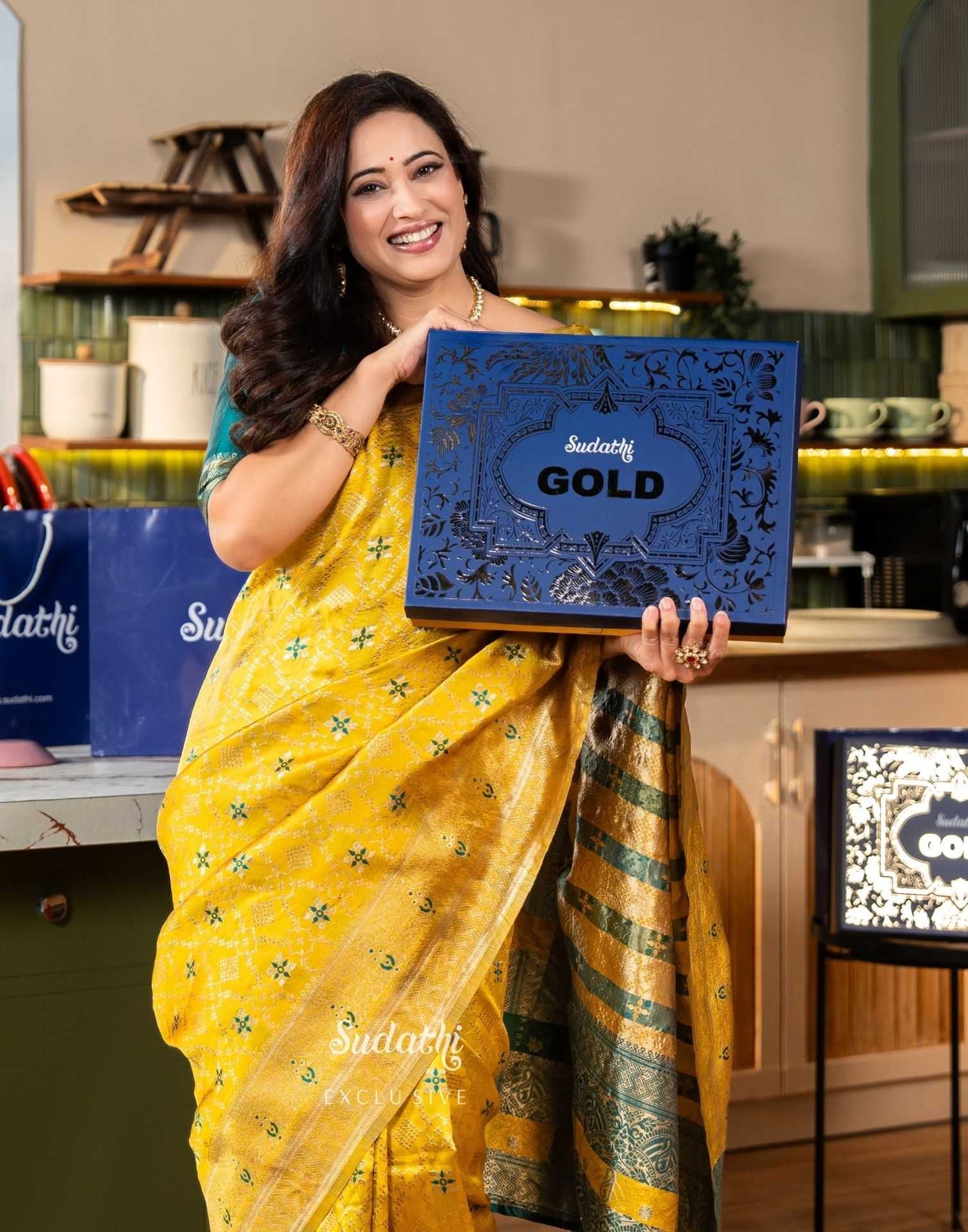 Shweta Tiwari Amber Yellow Banarasi Silk Saree (Buy 1 Get 1 Free)