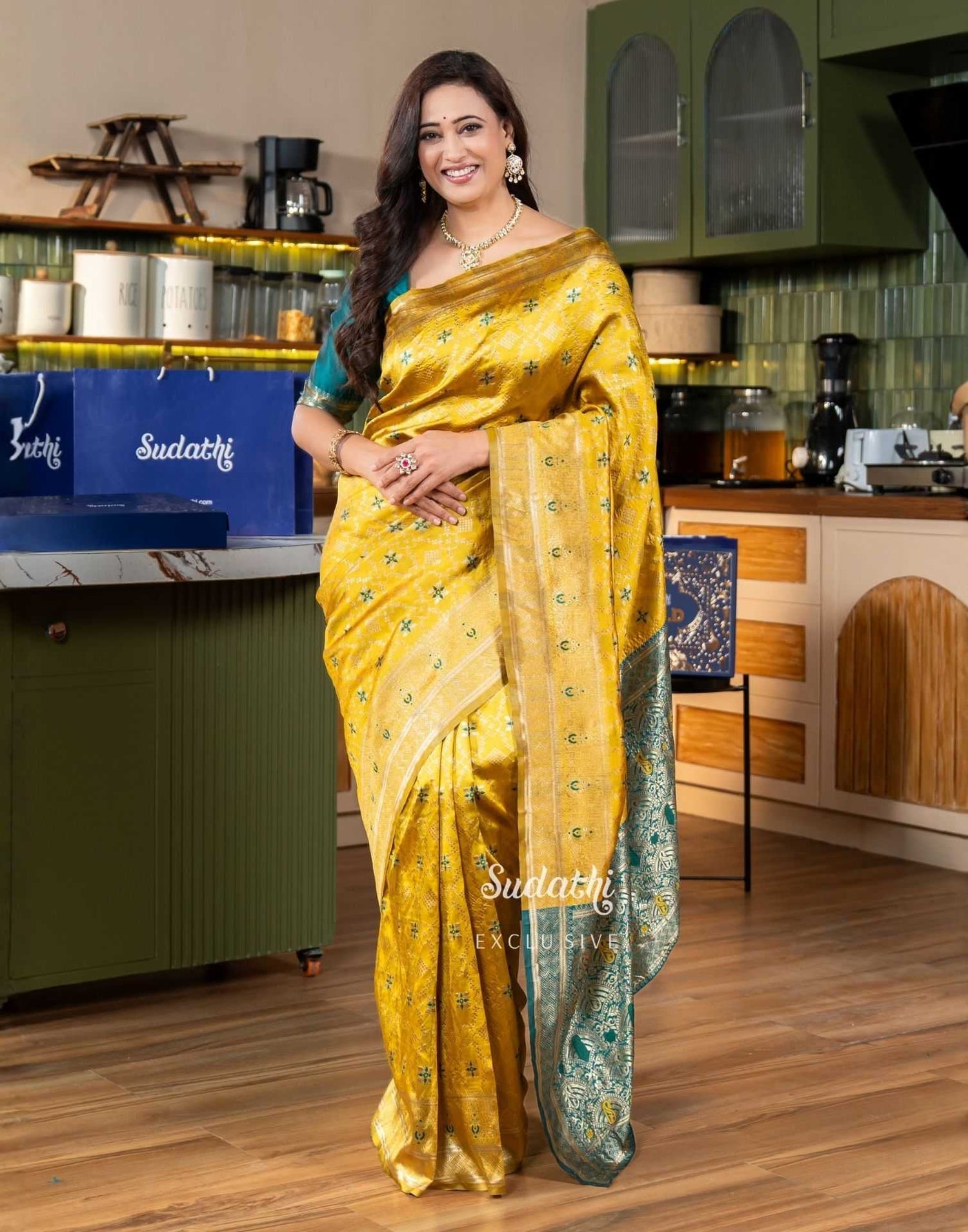 Shweta Tiwari Amber Yellow Banarasi Silk Saree (Buy 1 Get 1 Free)