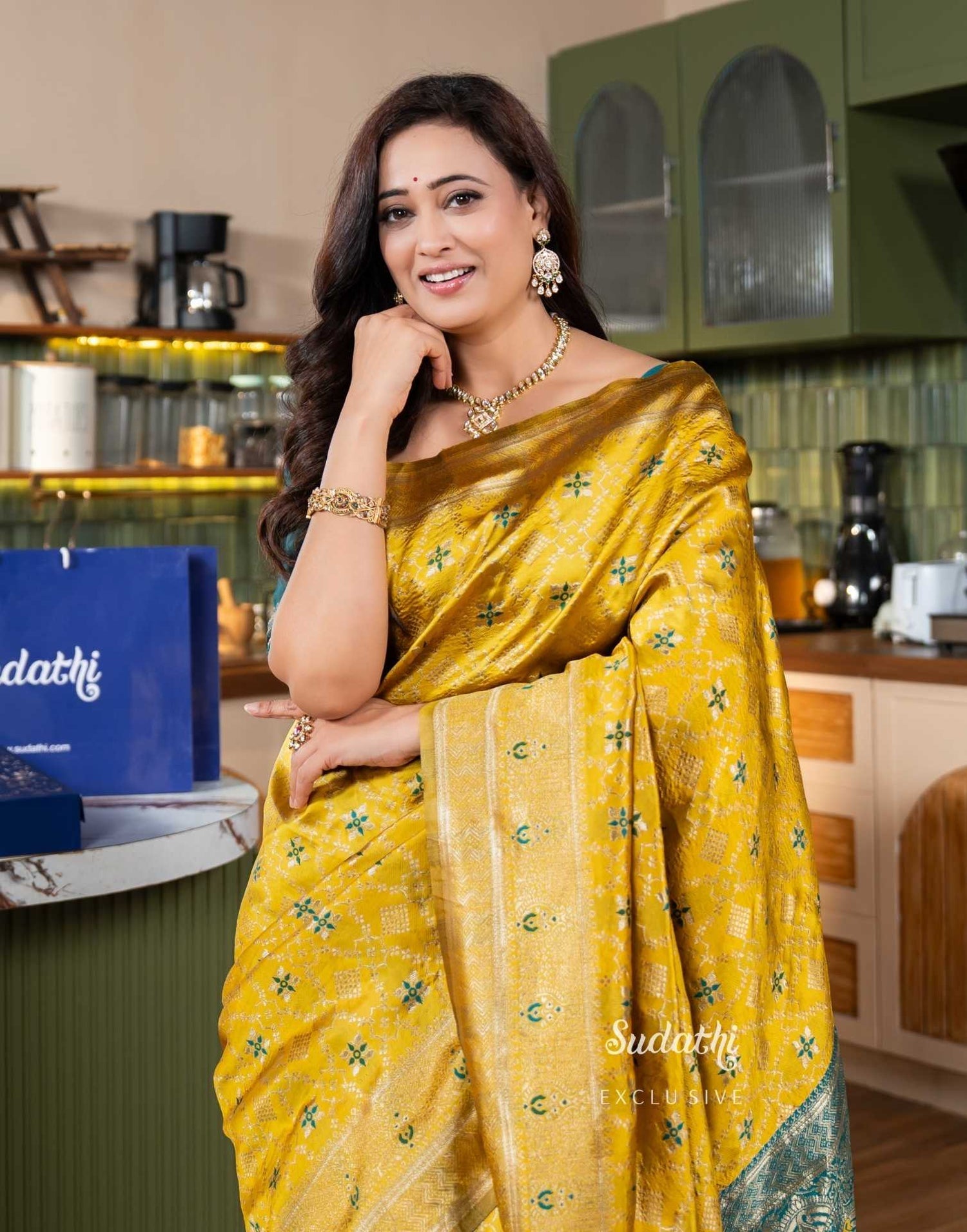 Shweta Tiwari Amber Yellow Banarasi Silk Saree (Buy 1 Get 1 Free)