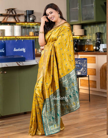 Shweta Tiwari Amber Yellow Banarasi Silk Saree (Buy 1 Get 1 Free)