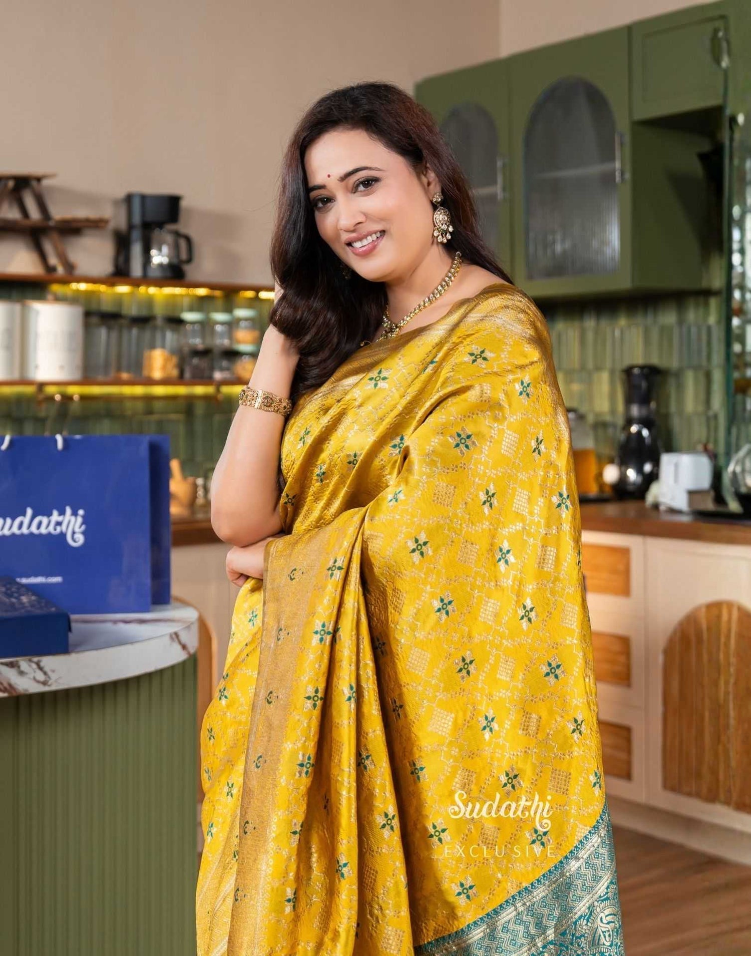 Shweta Tiwari Amber Yellow Banarasi Silk Saree (Buy 1 Get 1 Free)