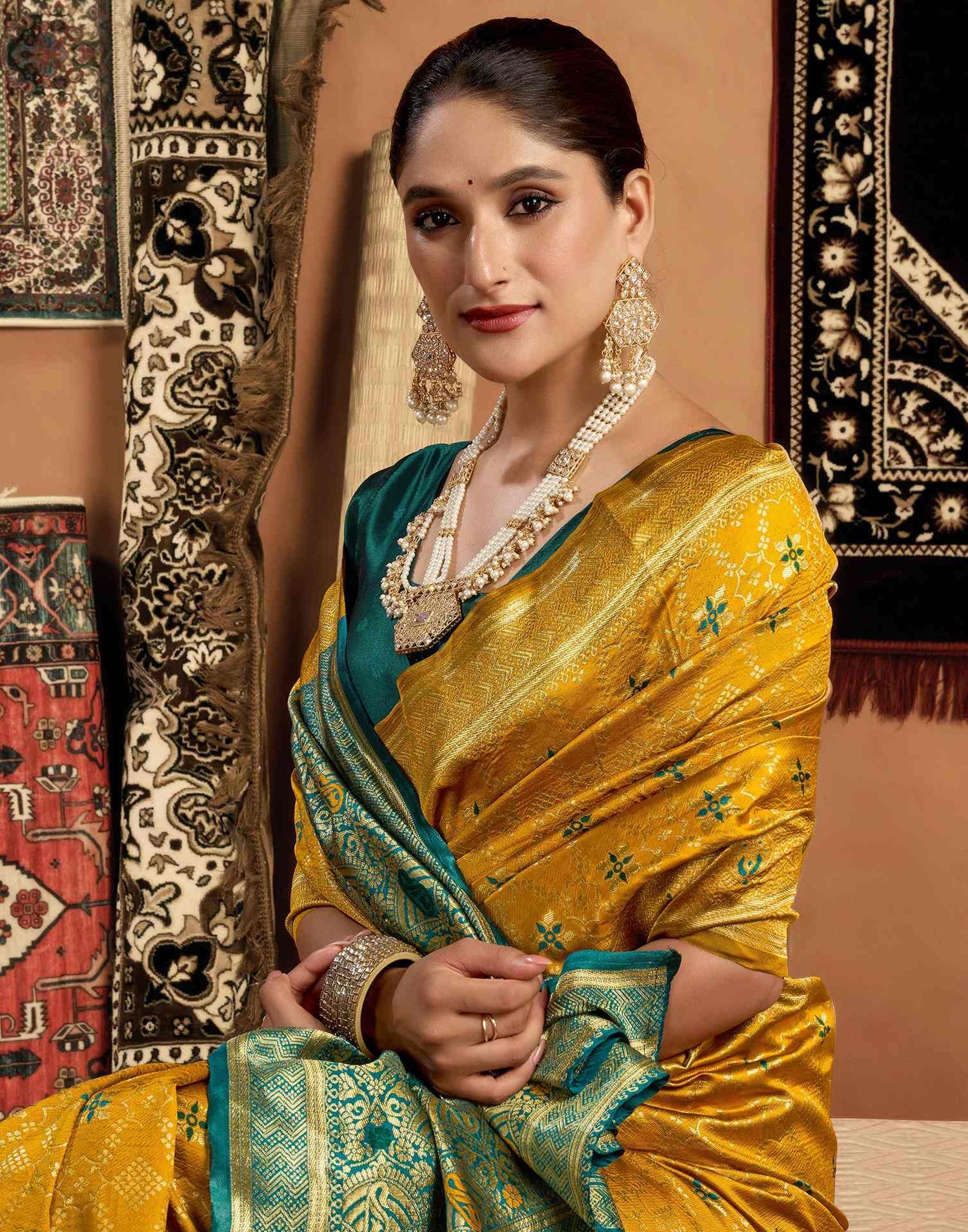 Shweta Tiwari Amber Yellow Banarasi Silk Saree (Buy 1 Get 1 Free)