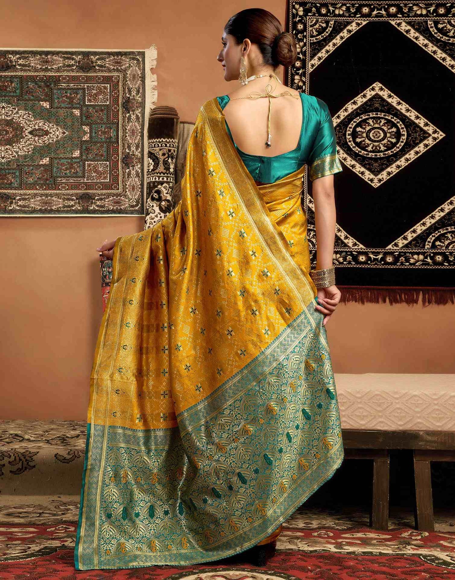 Shweta Tiwari Amber Yellow Banarasi Silk Saree (Buy 1 Get 1 Free)