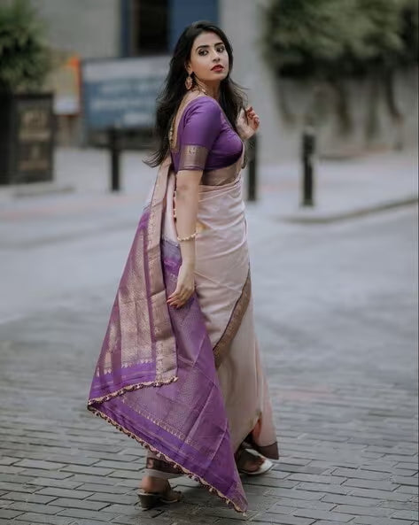 Women Banarasi Silk Saree with Contrast Border (Buy 1 Get 1 Free)