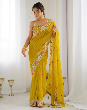 Women Embroidered Saree with Scalloped Border (Buy 1 Get 1 Free)