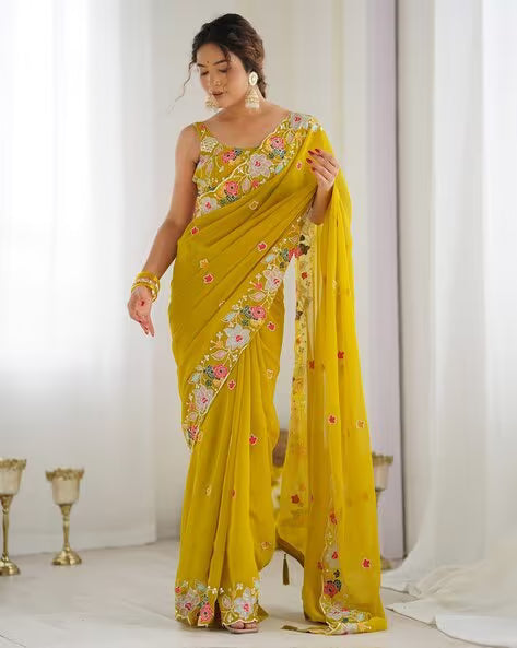 Women Embroidered Saree with Scalloped Border (Buy 1 Get 1 Free)