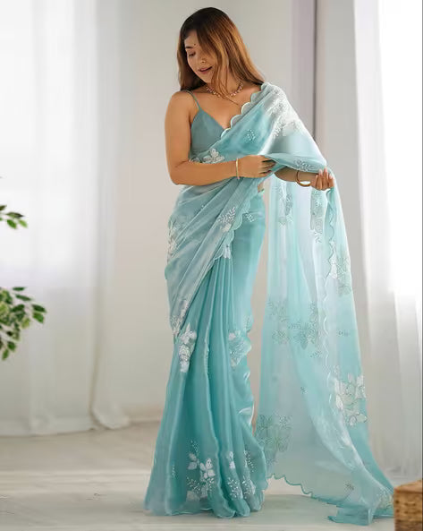 Heavy Silver Embroidered Work Jimmy Choo Silk Saree (Buy 1 Get 1 Free)