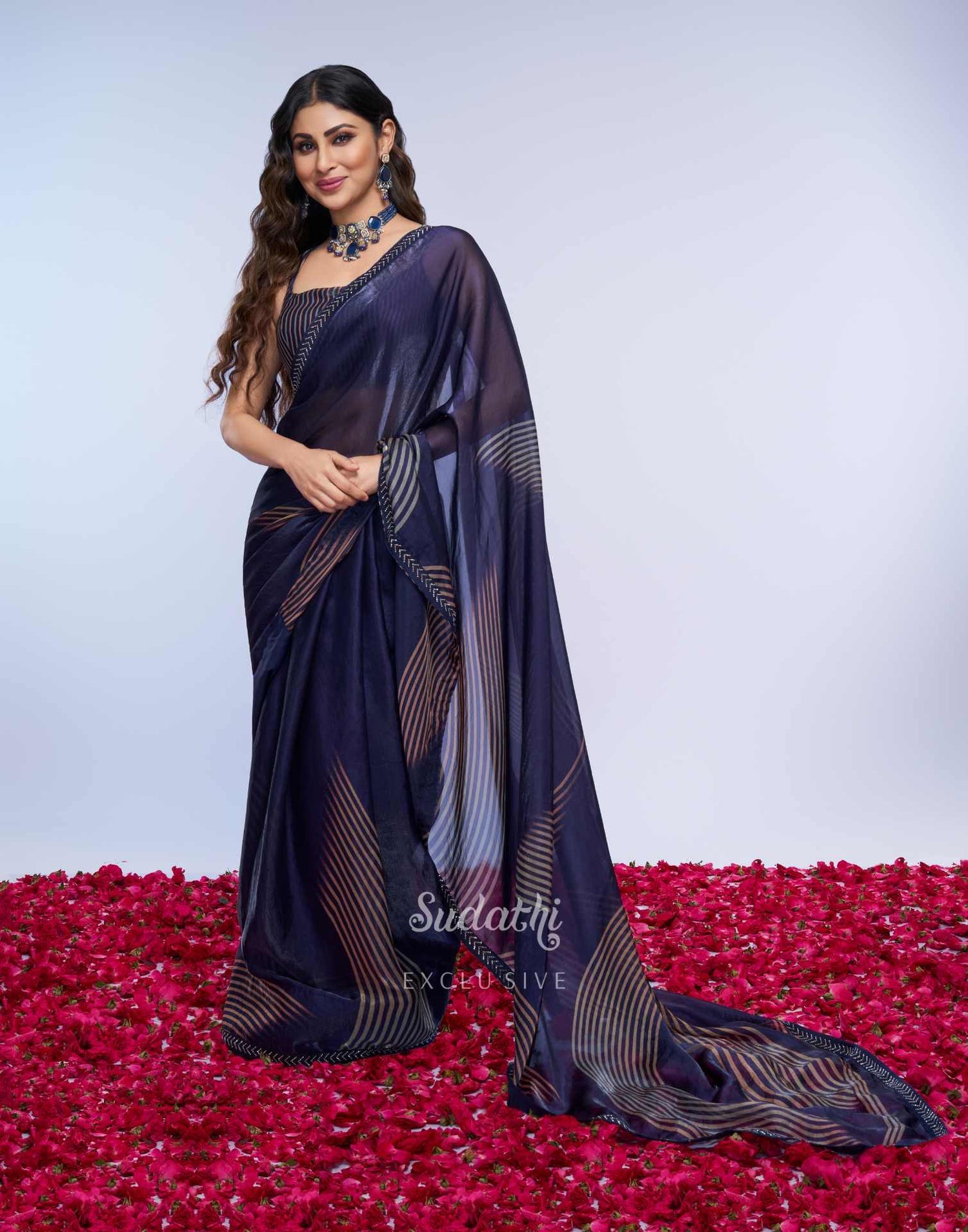 Mouni Roy Midnight Blue Gold Swarovski Saree (Buy 1 Get 1 Free)
