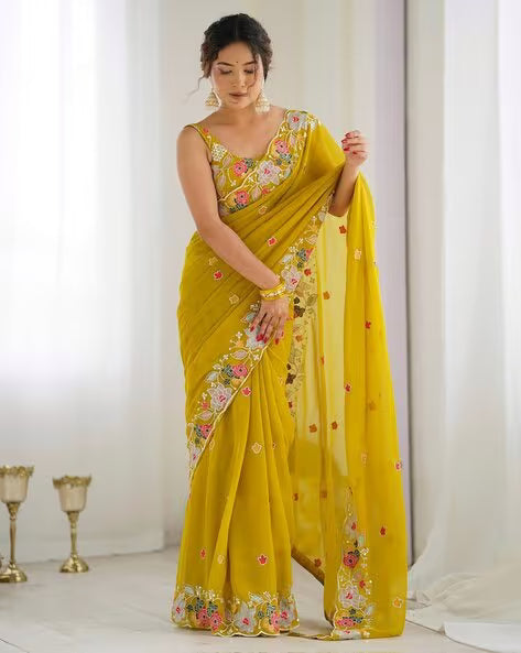 Women Embroidered Saree with Scalloped Border (Buy 1 Get 1 Free)