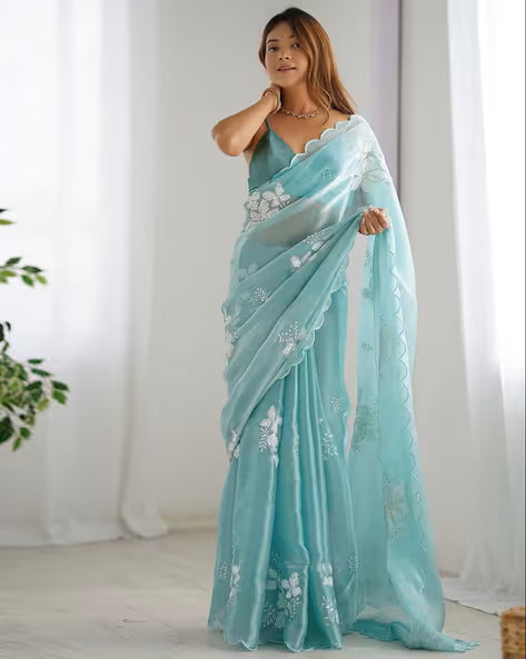 Heavy Silver Embroidered Work Jimmy Choo Silk Saree (Buy 1 Get 1 Free)