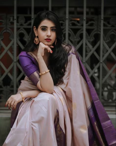 Women Banarasi Silk Saree with Contrast Border (Buy 1 Get 1 Free)
