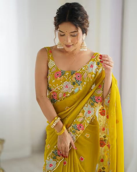 Women Embroidered Saree with Scalloped Border (Buy 1 Get 1 Free)