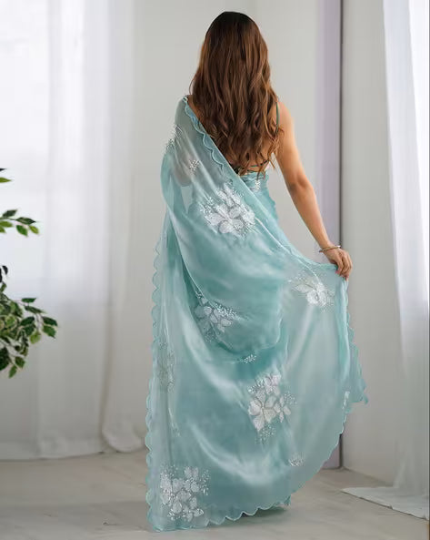 Heavy Silver Embroidered Work Jimmy Choo Silk Saree (Buy 1 Get 1 Free)