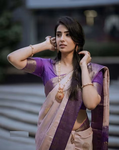 Women Banarasi Silk Saree with Contrast Border (Buy 1 Get 1 Free)