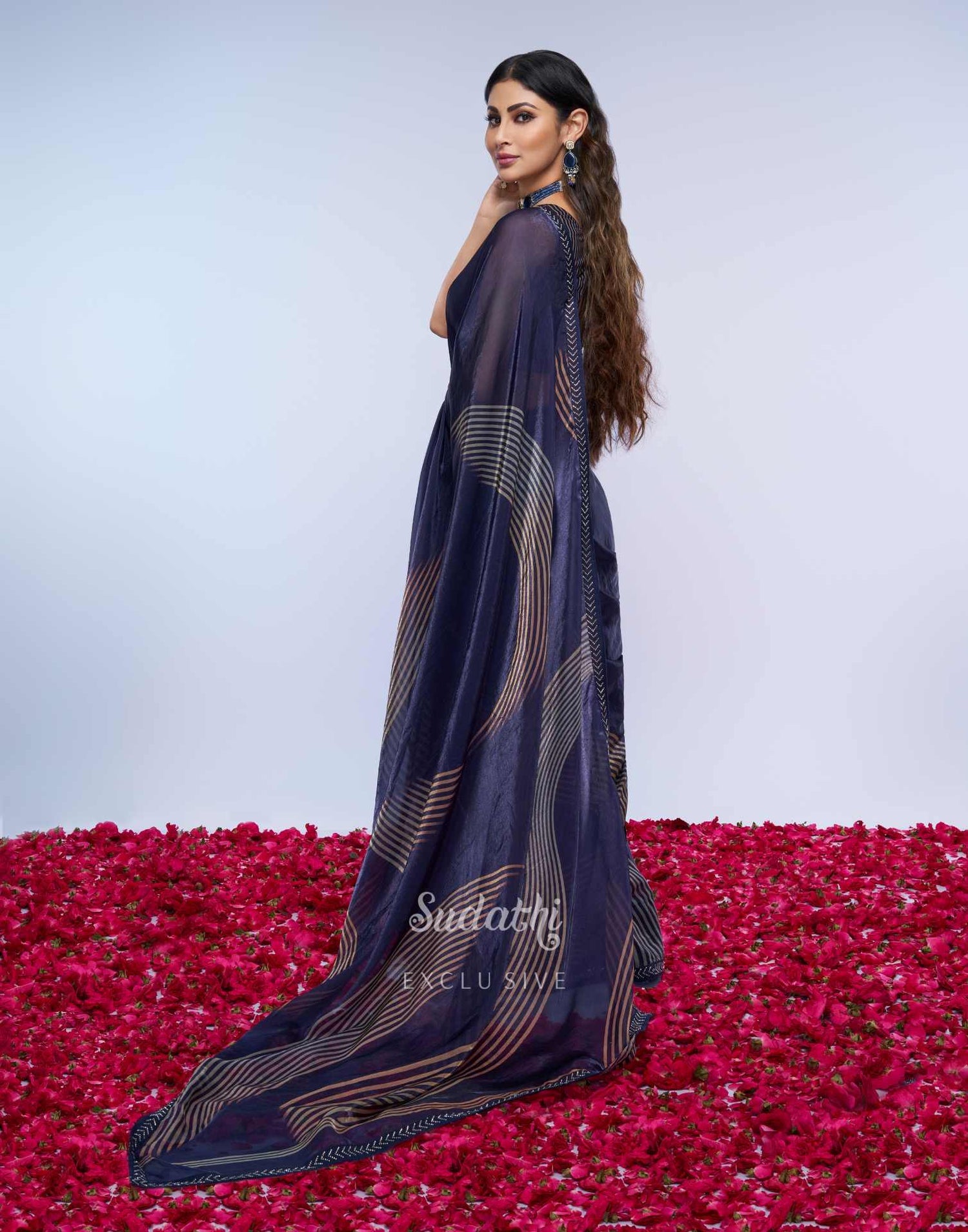 Mouni Roy Midnight Blue Gold Swarovski Saree (Buy 1 Get 1 Free)