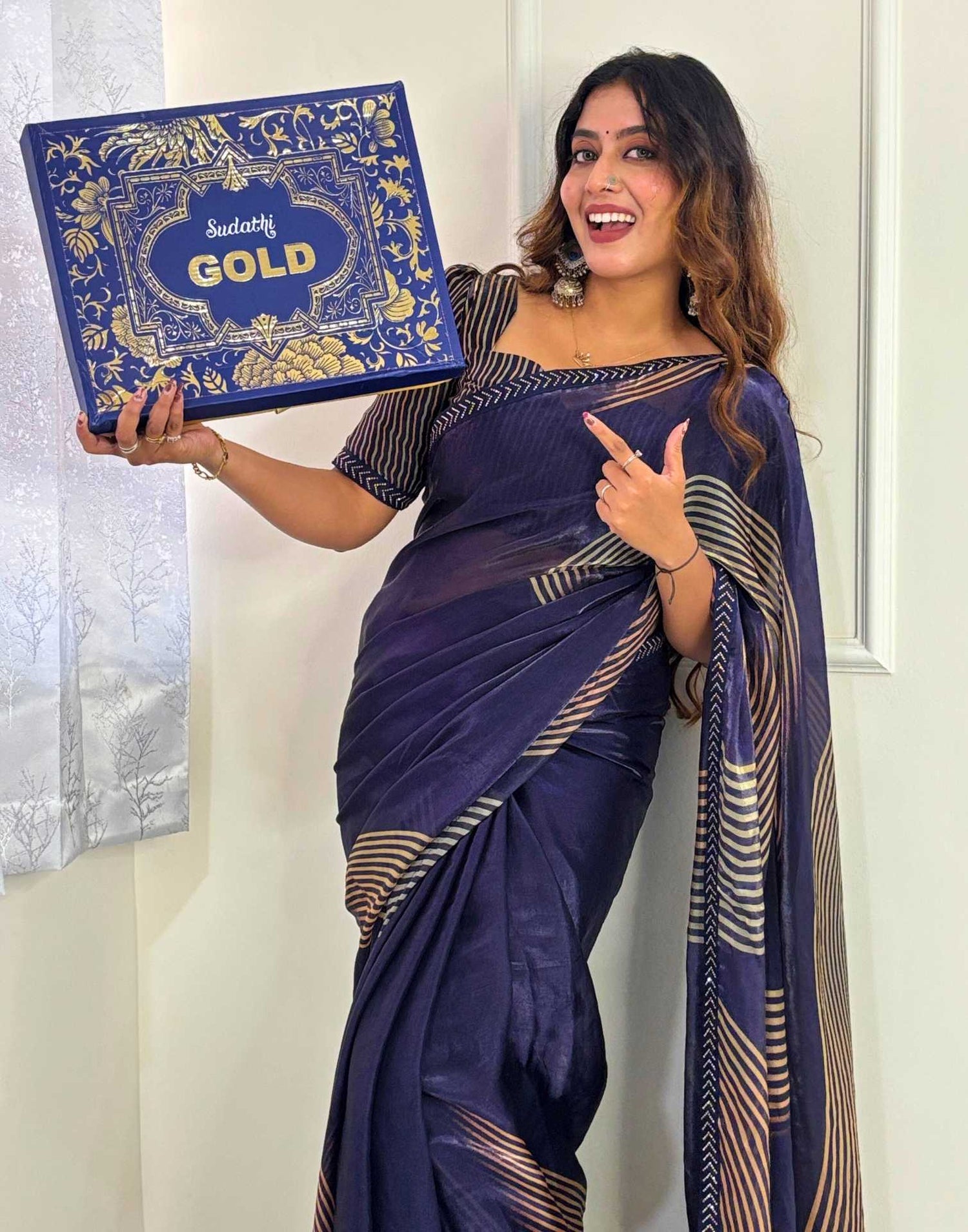 Mouni Roy Midnight Blue Gold Swarovski Saree (Buy 1 Get 1 Free)