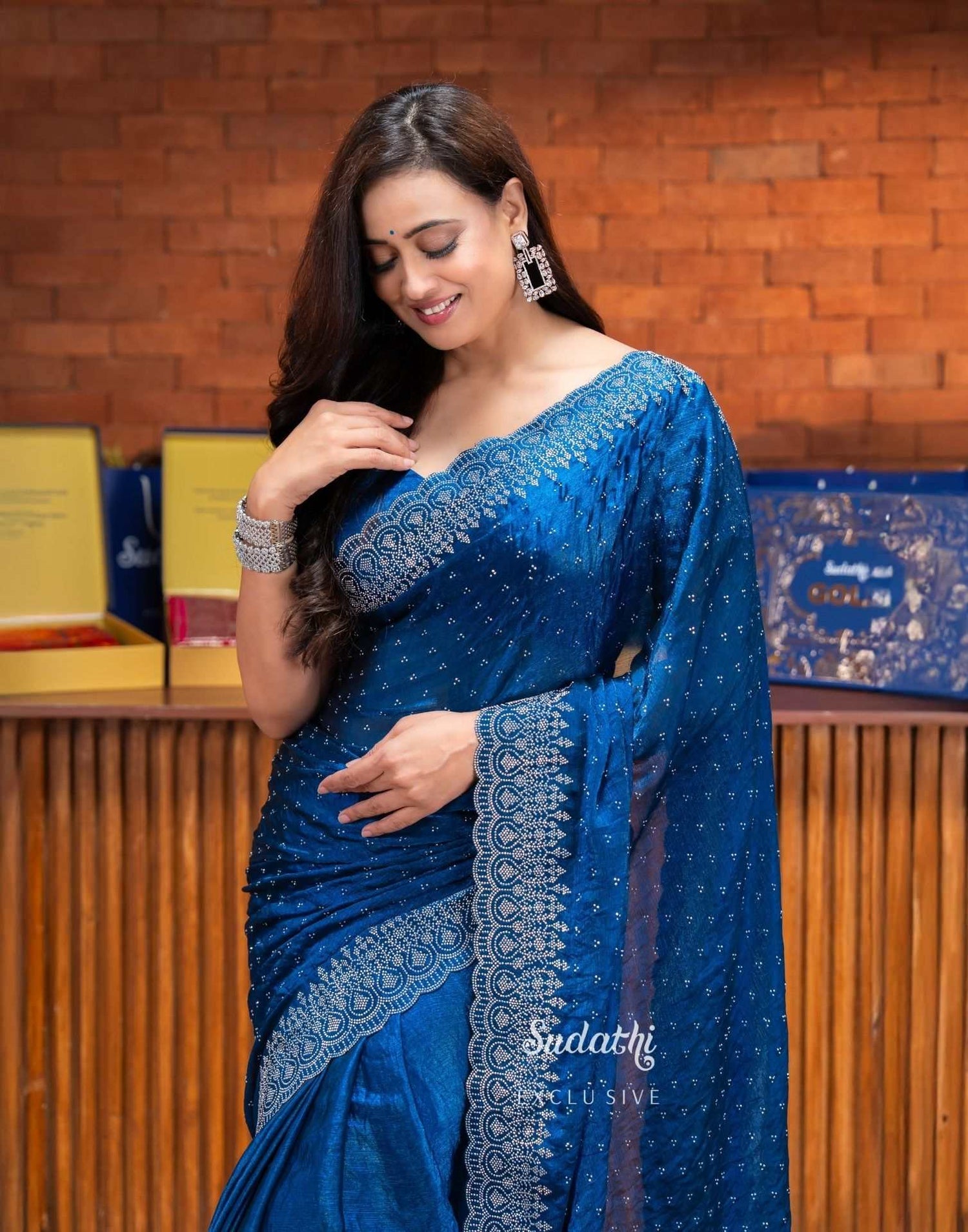 Shweta Tiwari Sapphire Blue Swarovski Saree (Buy 1 Get 1 Free)