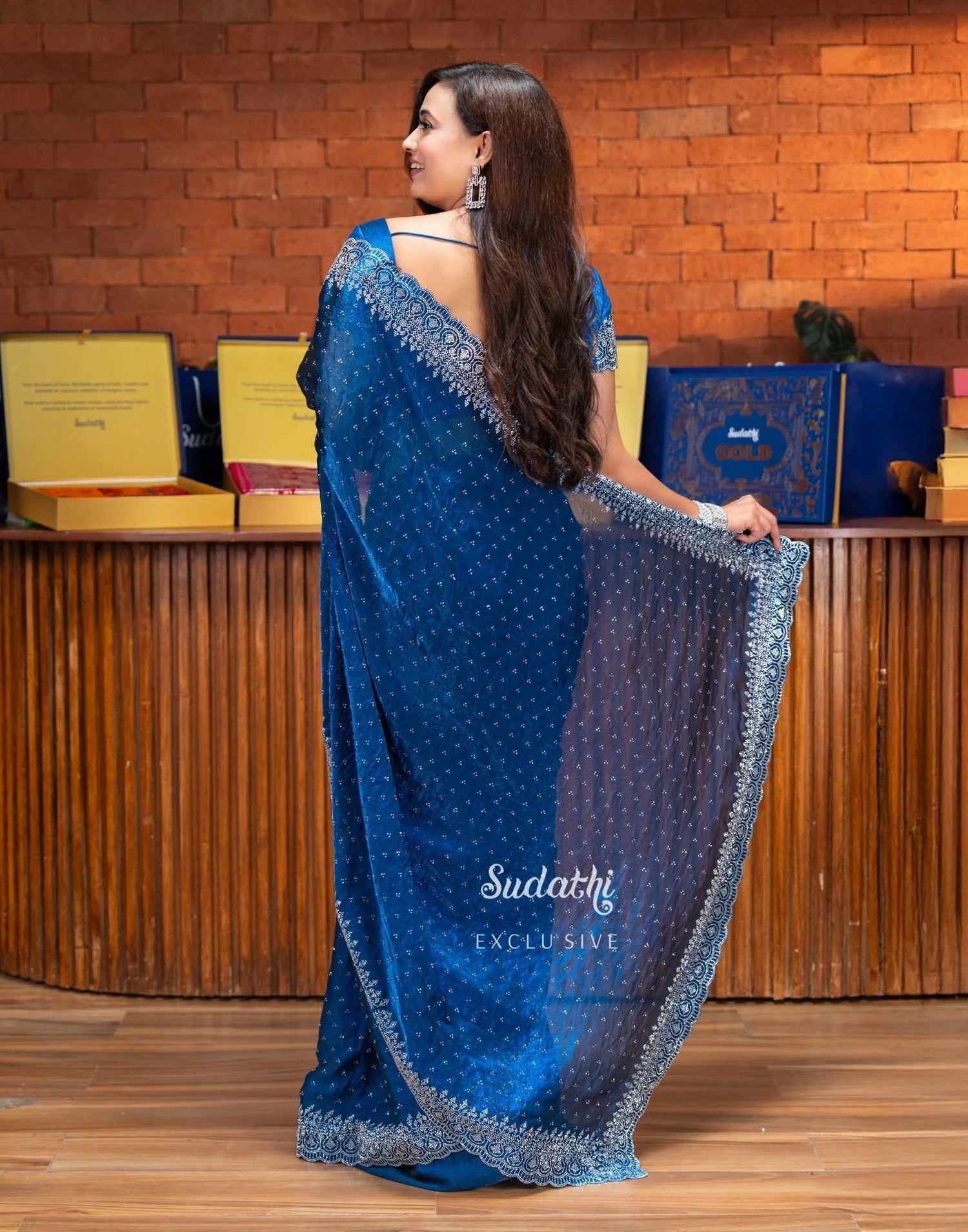 Shweta Tiwari Sapphire Blue Swarovski Saree (Buy 1 Get 1 Free)