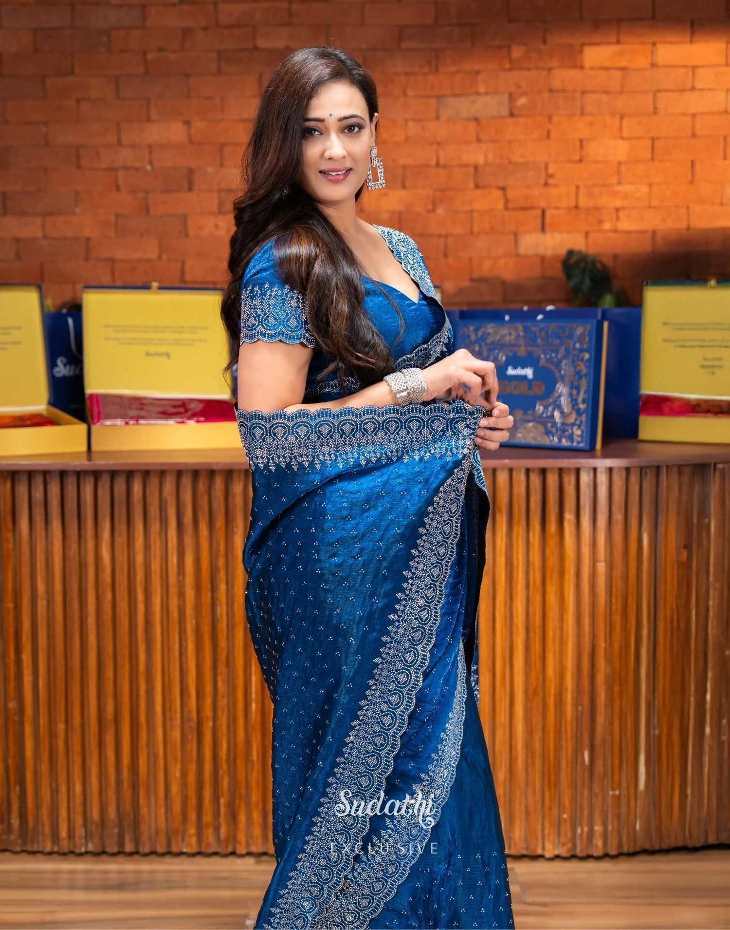 Shweta Tiwari Sapphire Blue Swarovski Saree (Buy 1 Get 1 Free)