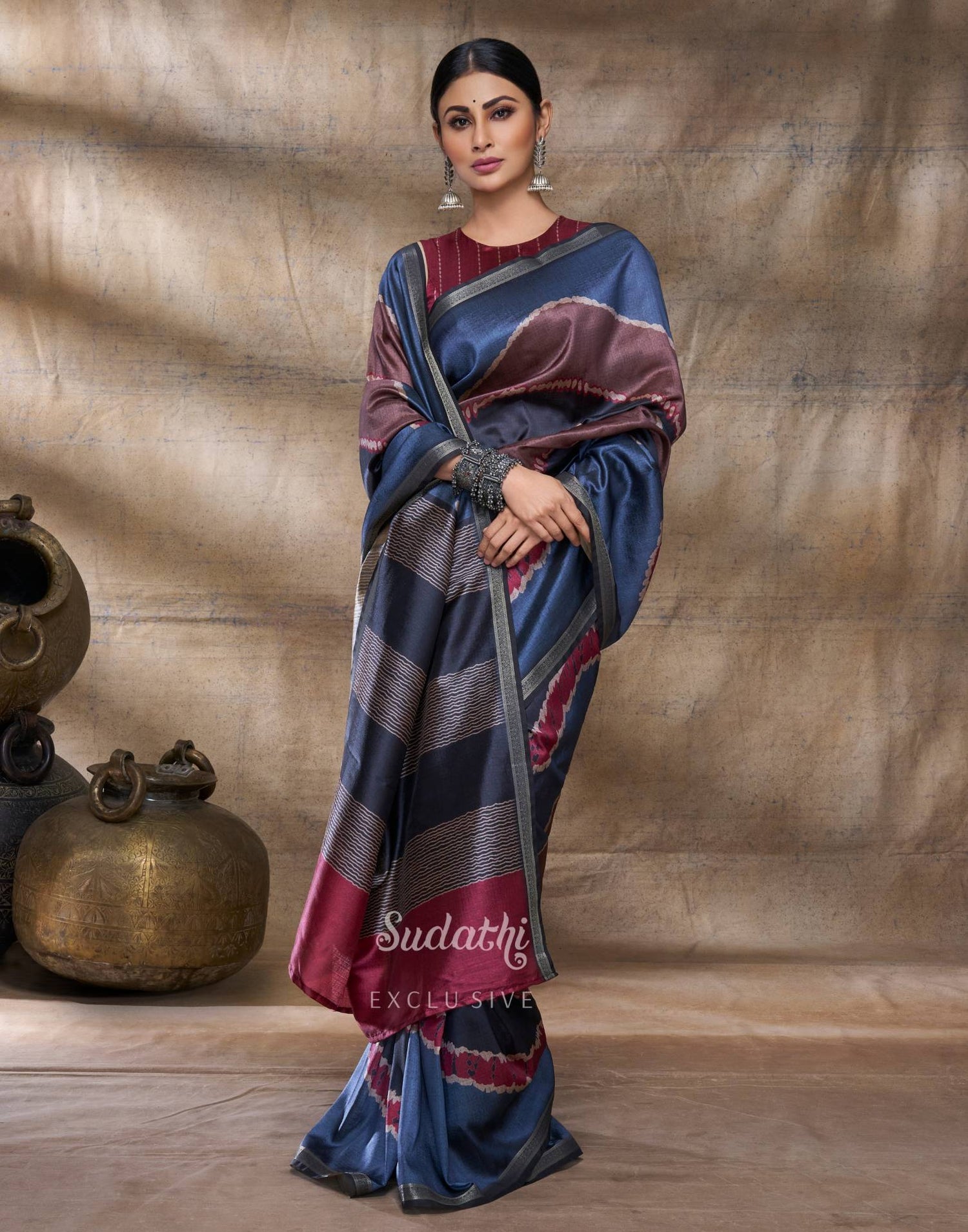Mouni Roy Rusty Grey Terracotta Silk Saree (Buy 1 Get 1 Free)